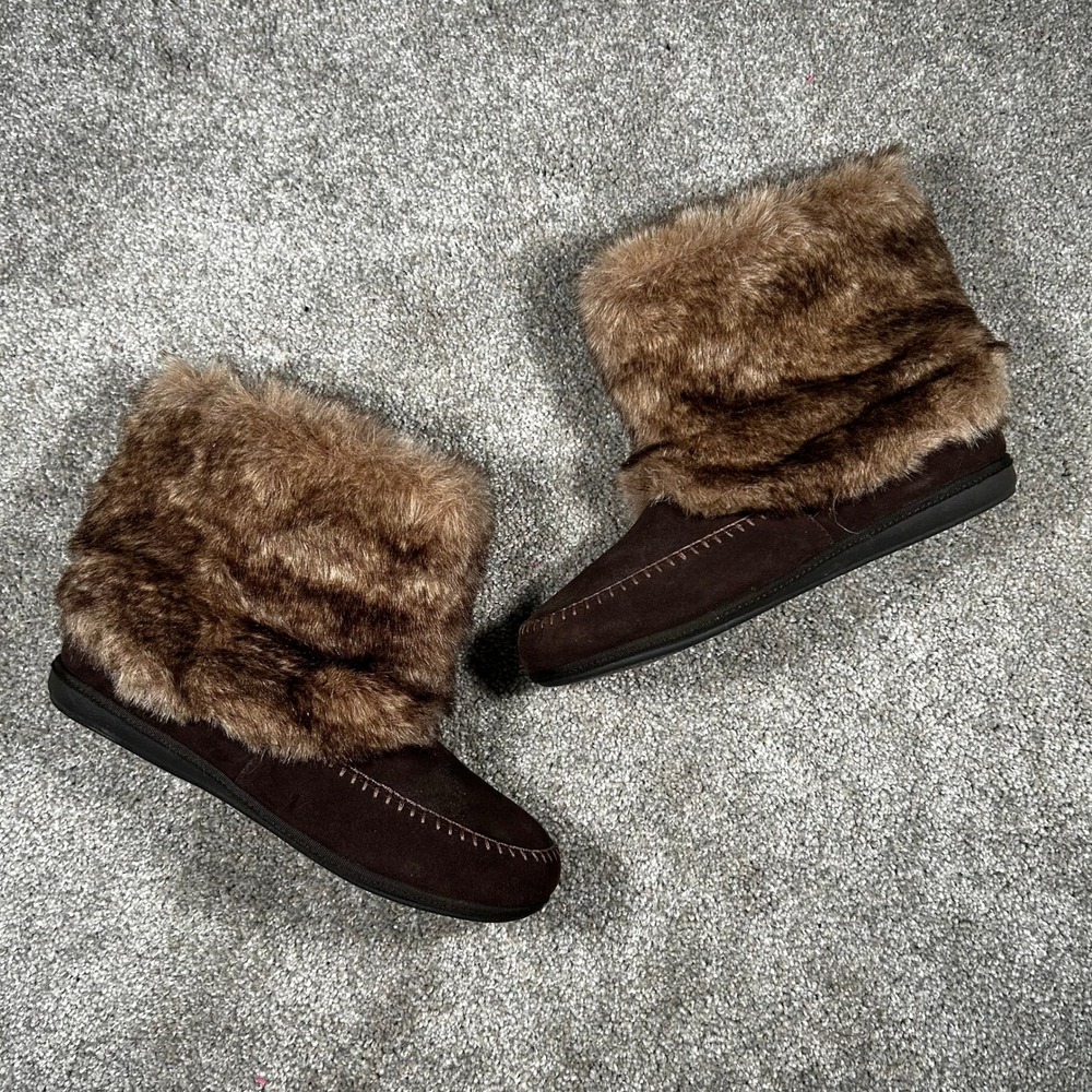 Daniel Green Women 9W Brown Suede Faux Fur Moccasin Slipper Boots 53767-202